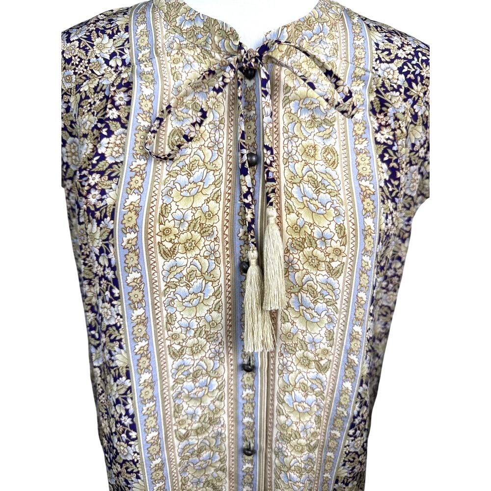 Lucky Brand 100% Silk Tassel Tie Floral Boho Blouse NWT Size Small Beige Top - Picture 3 of 10